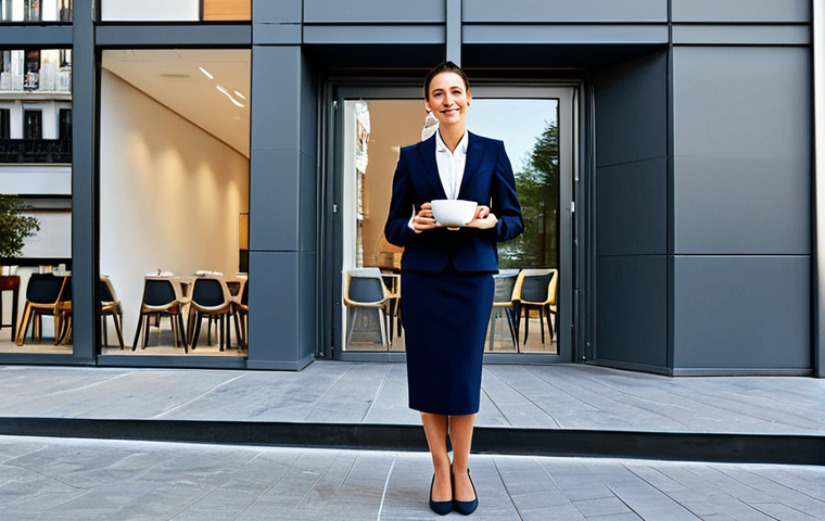 **

"A successful businesswoman in Madrid, Spain, standing in front of a modern office building, fully clothed in a stylish, modest business suit, appropriate attire for a professional setting, holding a 'café con leche', safe for work, perfect anatomy, correct proportions, natural pose, professional photography, family-friendly."

**