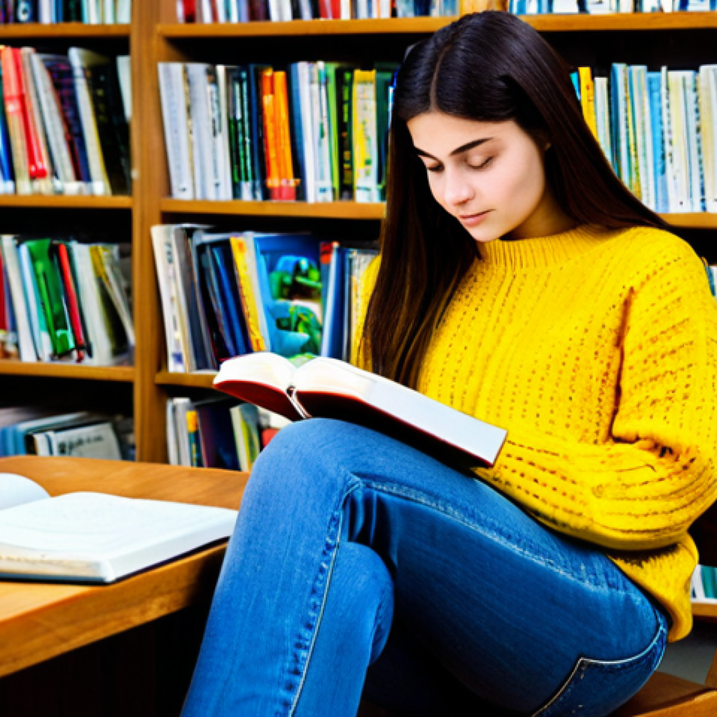Active Reading**
"A student sitting at a wooden desk in a brightly lit library, fully clothed in a modest sweater and jeans, reading a book and highlighting text with a yellow marker. A notebook with handwritten notes rests beside the book. Focus on the student's engaged expression. Safe for work, appropriate content, professional study environment, perfect anatomy, natural proportions, well-formed hands."
**