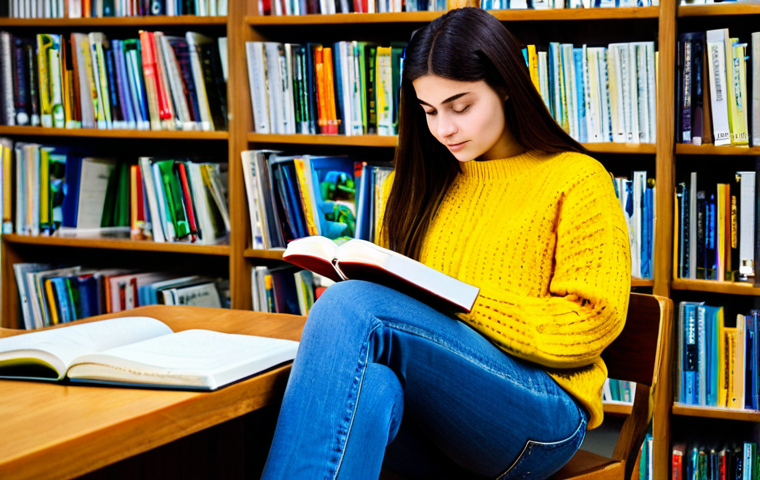 Active Reading**
"A student sitting at a wooden desk in a brightly lit library, fully clothed in a modest sweater and jeans, reading a book and highlighting text with a yellow marker. A notebook with handwritten notes rests beside the book. Focus on the student's engaged expression. Safe for work, appropriate content, professional study environment, perfect anatomy, natural proportions, well-formed hands."
**