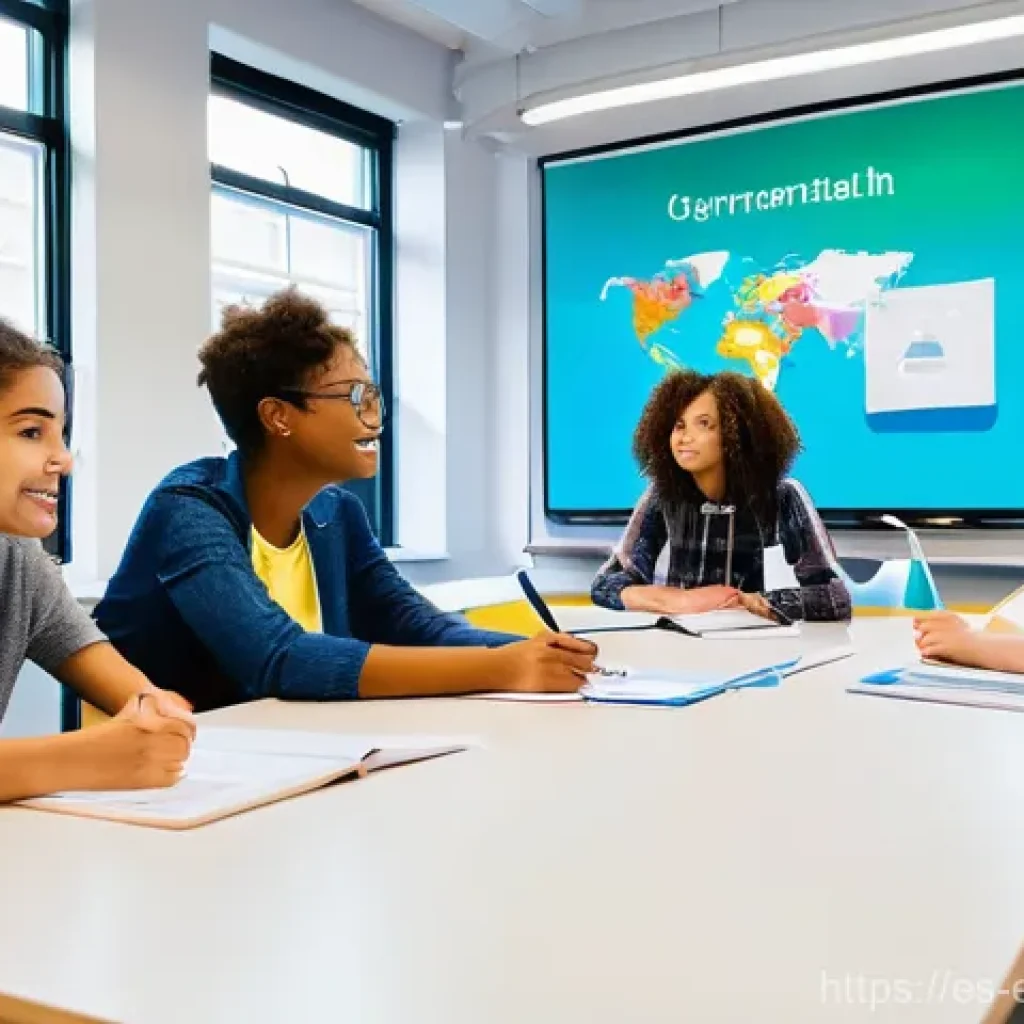 복잡한 주제에 대한 시각적 학습 자료 제작하기 - **Prompt:** A diverse group of young adult students, aged 18-24, actively engaged in a bright, moder...