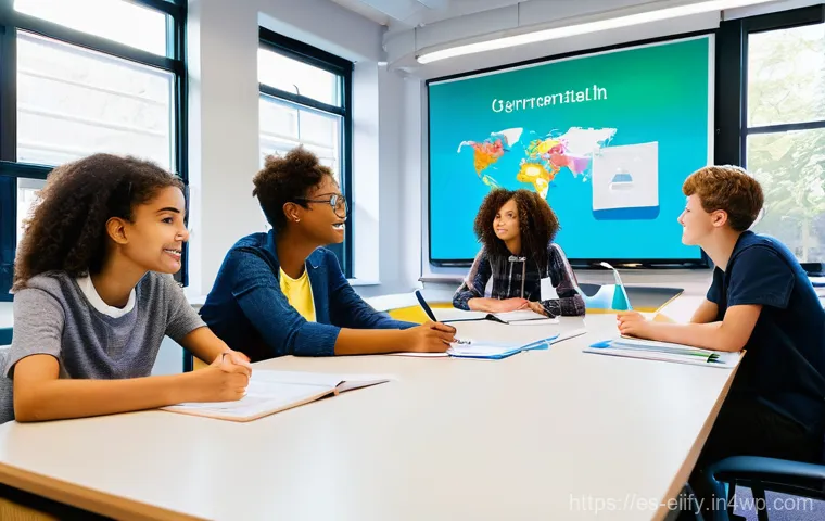 복잡한 주제에 대한 시각적 학습 자료 제작하기 - **Prompt:** A diverse group of young adult students, aged 18-24, actively engaged in a bright, moder...