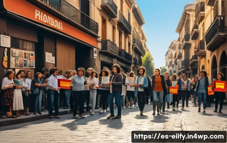 복잡한 주제의 변화를 이해하기 위한 역사적 관점 - A vibrant street scene during Spain’s transition to democracy in the 1970s, showing diverse groups o...